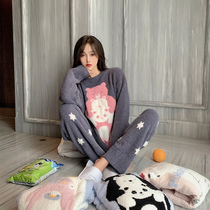 Nordic ins coral velvet pajamas womens autumn and winter soft plush padded cute cartoon girl Korean home clothes