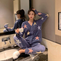  Stars soft pajamas womens winter thickened coral velvet sweet V-neck cardigan net red ins wool home service suit