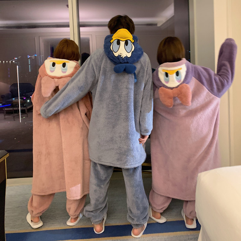 Cute cartoon lovers sleepwear women's winter coral suede sleeping robe lengthened flange suede 2020 new net red home for men