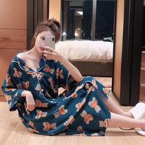 Cute pajamas womens summer 2022 new nightdress ice silk thin section cotton silk large size home service short-sleeved loose