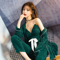  Wool pajamas womens autumn and winter coral velvet 2020 new three-piece thickened plus velvet sexy sling home clothes pure cotton