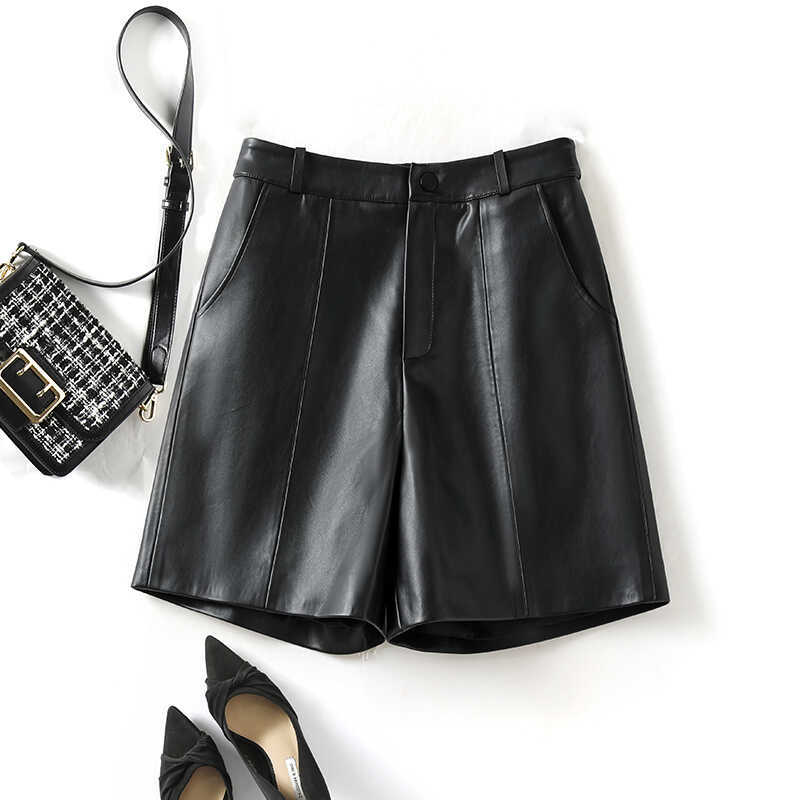 Haining Genuine Leather Shorts for Women, High-Waisted Sheepskin Loose Five-Point Wide-Leg Pants, 2025 Autumn and Winter New Leather Boot Shorts