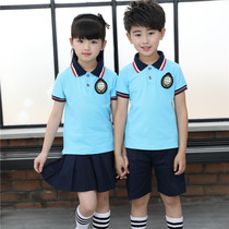 Primary school uniforms summer short-sleeved class uniforms childrens suits British Academy style sky blue polo shirt kindergarten Garden uniforms