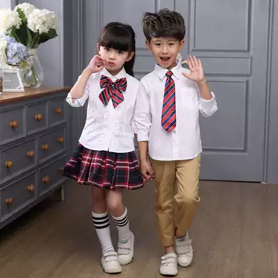 Children's school uniform set Primary school class uniform Spring and autumn British College long sleeve shirt plaid skirt Kindergarten garden uniform