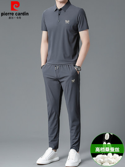 皮尔卡丹高档男士桑蚕丝套装夏季短袖时尚两件套无痕休闲运动套装