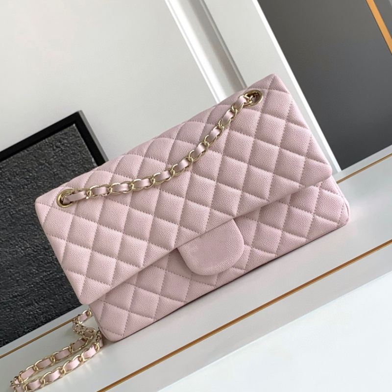 2024S Small Chanel-Style Cf Cherry Blossom Pink Light Gold New Pink Lychee Leather Flap Chain Crossbody Bag