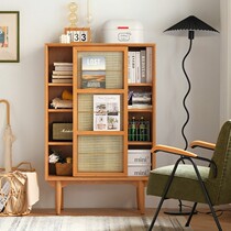 Nordic Minimalist Solid Wood Bookcase Iron Art Rattan Chic Glass Bookcase Home Magazine Cabinet Display Storage Items Side Cabinet