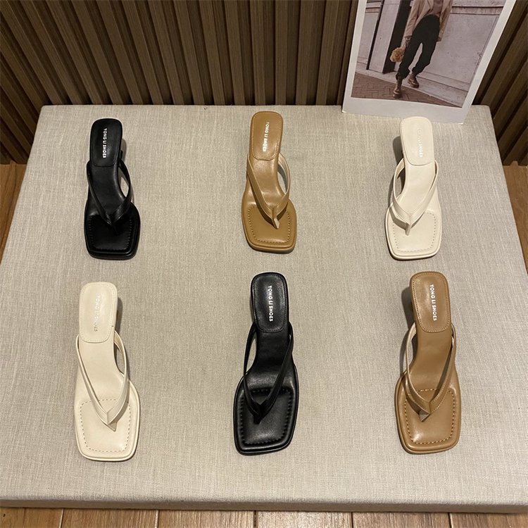 Casual Flip-Flops for Women, Summer 2025 New Style, Square Toe, Stiletto Sandals, Mid-Heel, Fashionable and Elegant Flip-Flops