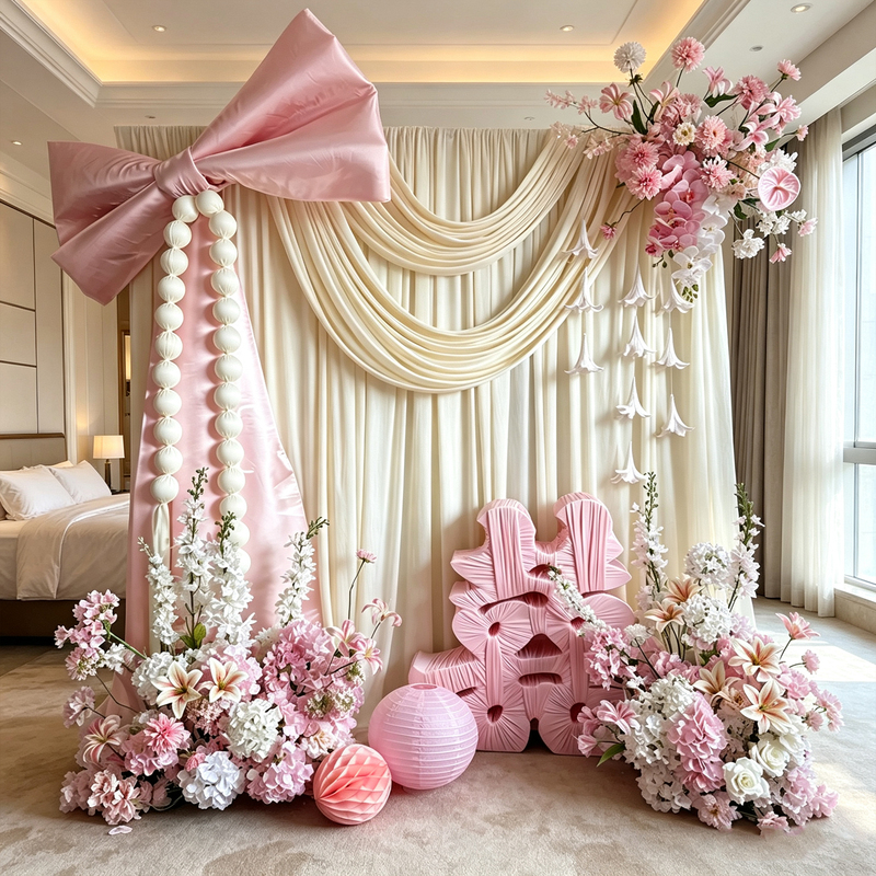 Korean-Style Wedding Decoration Set for Creating a Festive Atmosphere, Including Wedding Room Setup, Hotel Bedroom, Bride's Dressing Gown, and Photo Backdrop