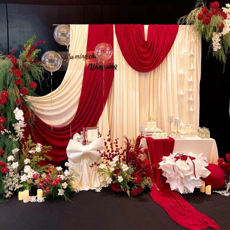 Korean-Style Engagement Decoration Set, Complete Table Setup, Red and White Cream Fabric Drapes, Welcome Area, Wedding Atmosphere, Photo Props