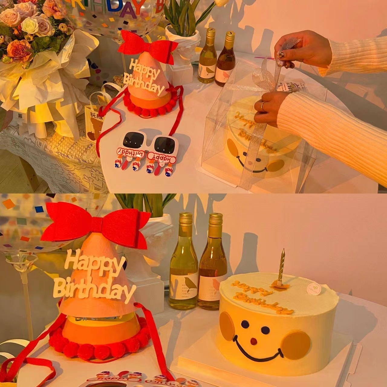 Korean ins bow children adult birthday hat handmade non-woven small pointed hat party photo decoration