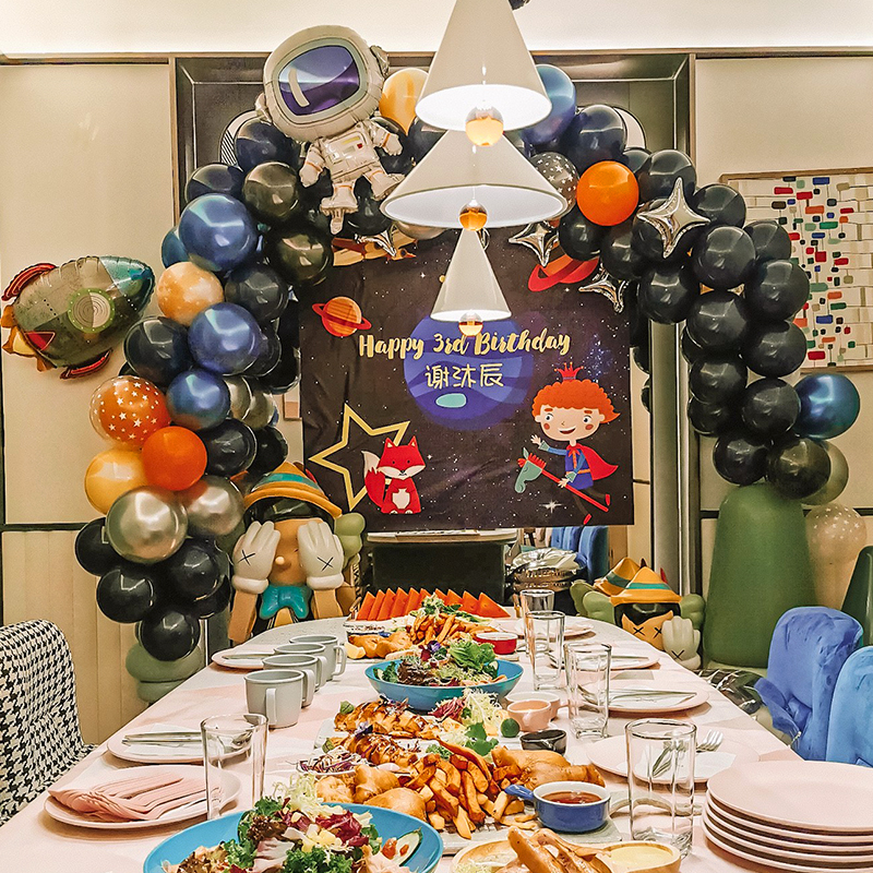 The boy's birthday decoration space theme party balloon background wall scene layout child baby one year old