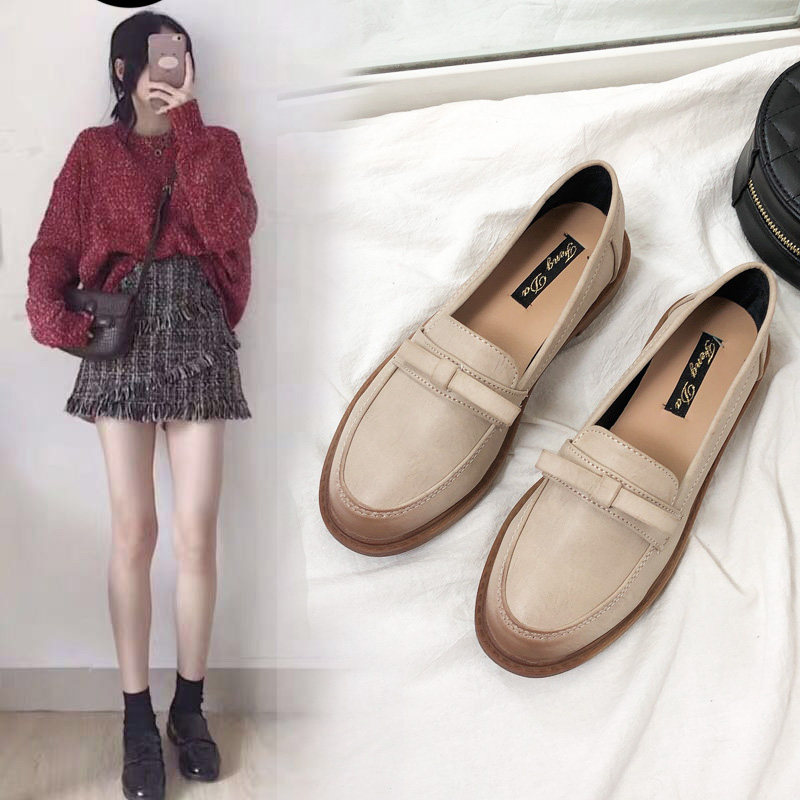 British retro small leather shoes for female students 2022 new all-match Korean version of soft leather slip-on loafers female beanie shoes