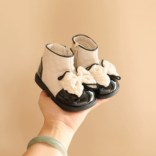 Martens, короткие сапоги с бантиком для девочек, флисовая обувь для раннего возраста, в стиле Шанель, 2-3 лет