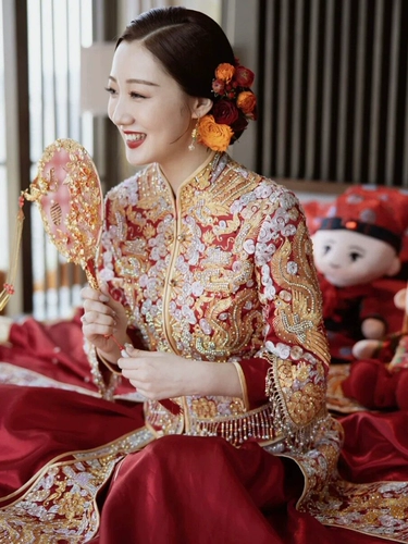 Традиционный свадебный наряд Сюхэ, свадебное платье для невесты, облегающий крой, дракон и феникс