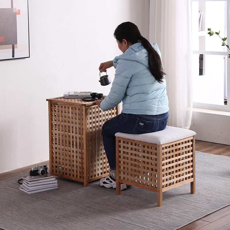 Nordic style catalpa wood grid solid wood box storage box storage box can sit cloth stool portable shoe stool