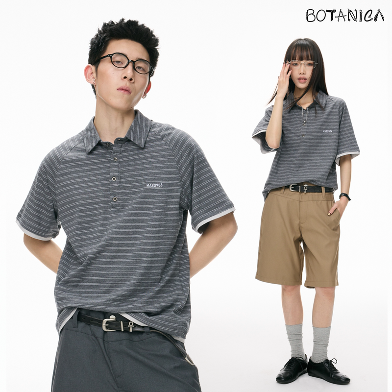 Botanica American Retro Stripesd Polo Short-Sleeved Men's and Women's High-End Simple Lapel Gray Raglan Sleeve T-Shirt Botanica American Retro Stripesd Polo Short-Sleeved Men's and Women's High-End Simple Lapel Gray Raglan Sleeve T-Shirt