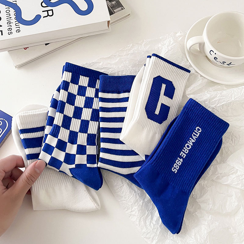 Blue Socks, Women's Mid-Calf Socks, Summer Thin Style, Pure Cotton, Trendy Internet Celebrity Long Socks, Men's Sports Outdoor Wear, Zhuji Spring and Autumn