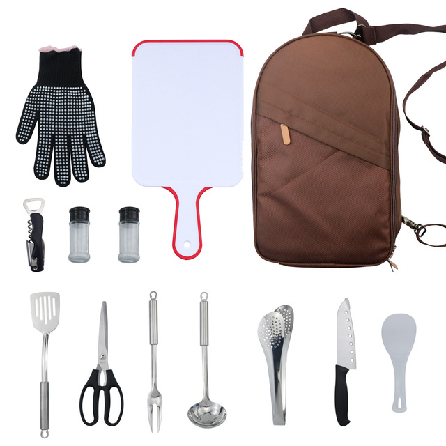 Outdoor Camping Self-Driving Hand Picnic Bag Cooker Bag Pan Shovel Spoon Cutting Board Seasoned Bottle Barbecue Cutlery Cutlery 12 sets