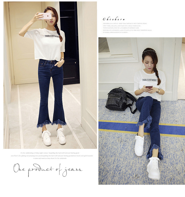 Mùa hè và mùa thu Hàn Quốc cá tính mới eo cao micro-ra jeans nữ sinh viên tua rua viền rộng ống quần ống loe quần baggy jean nữ