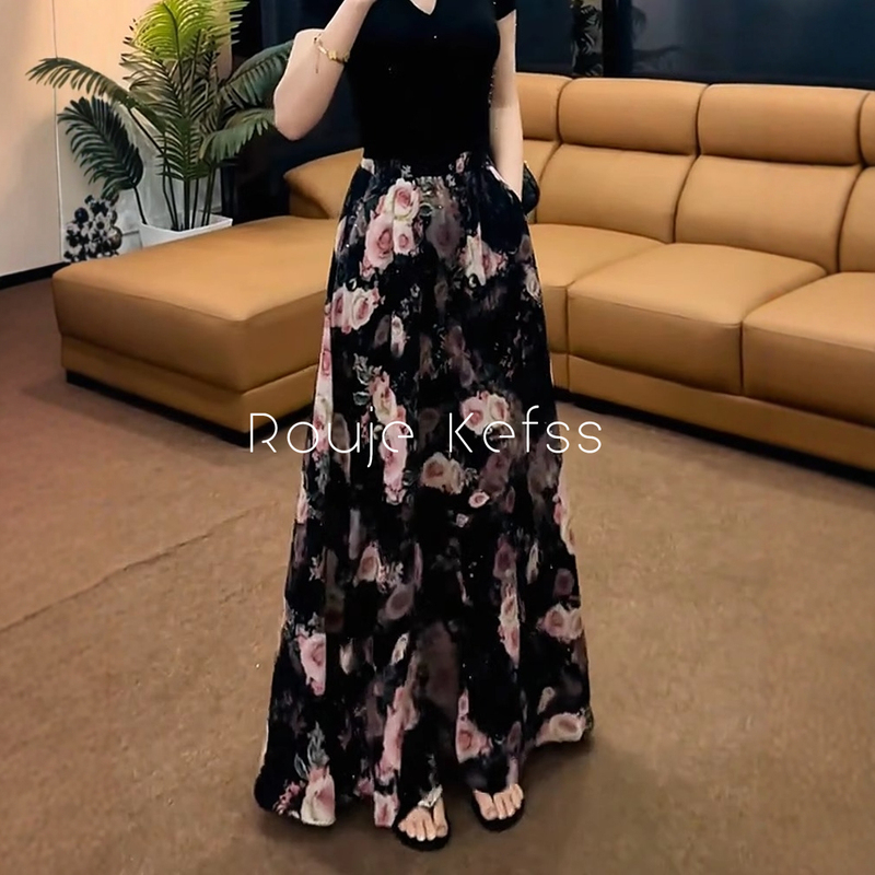 Rouje Kefss High-Waisted Rose Floral Print Shimmering Draped Skirt for Women, Loose and Slimming Floor-Length Skirt