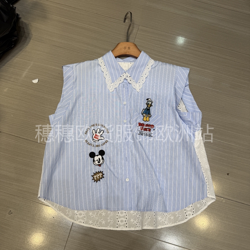 European Style 2026 Summer Fashion Design Lace Collar Cartoon Embroidery Striped Slim-Fit Sleeveless Shirt European Style 2026 Summer Fashion Design Lace Collar Cartoon Embroidery Striped Slim-Fit Sleeveless Shirt