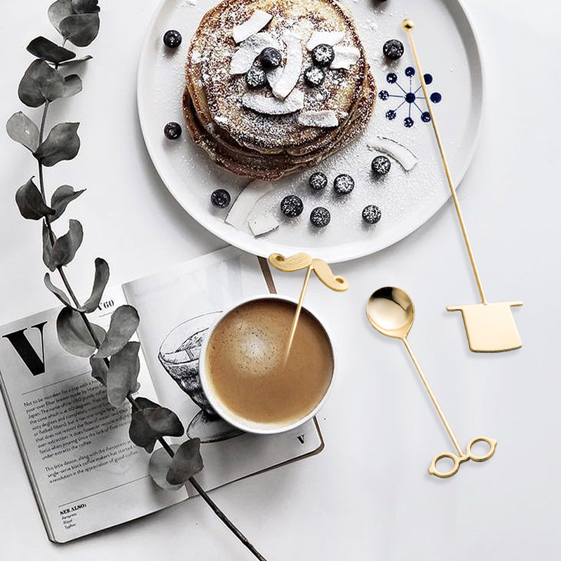 Japan elfin Takasang metal stainless steel gold plated mixing stick coffee spoon 3 pieces Creative mustache mixing spoon