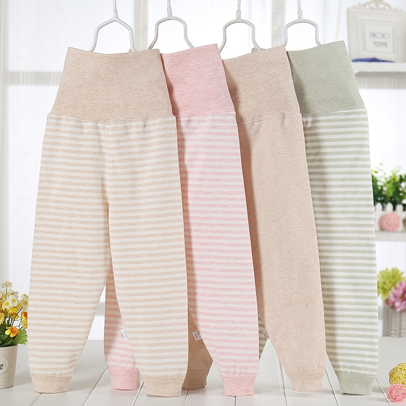 Spring, autumn and summer baby high waist belly pants baby cotton color cotton pants boys and girls newborn sanitary pants can be opened
