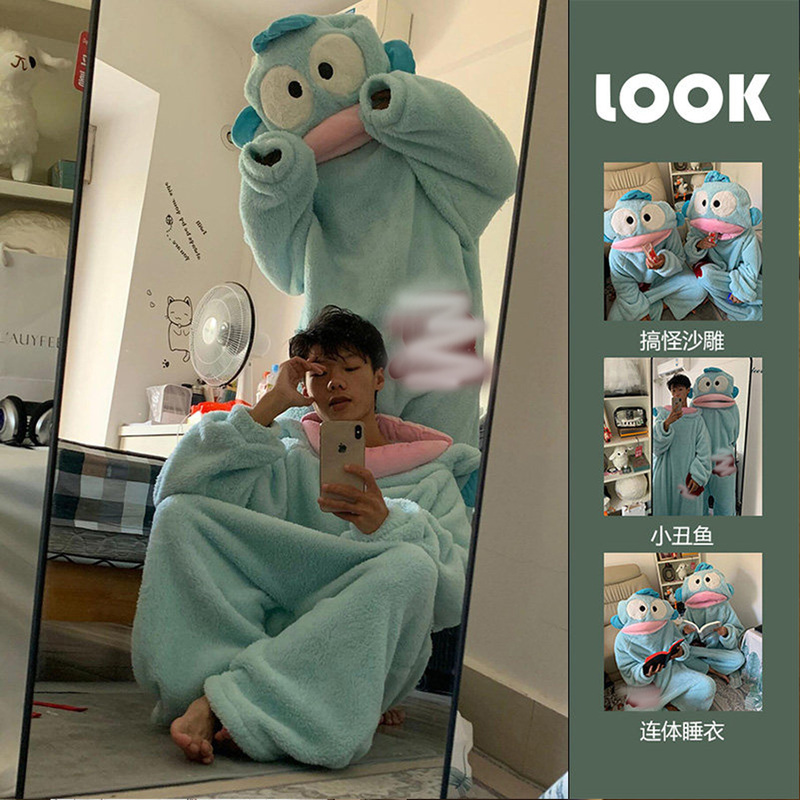 Ugly Fish Couple Pajamas for Women, Autumn and Winter Coral Fleece Thickened and Plush One-Piece Funny and Cute Men's Loungewear Set