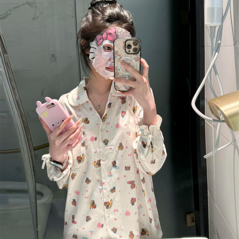 Hawaiian Ice Silk Pajamas for Women, New Summer Style, Long-Sleeved Black Leather Kt Kitten Design with Chest Pads, Home Wear Set That Can Be Worn Outside