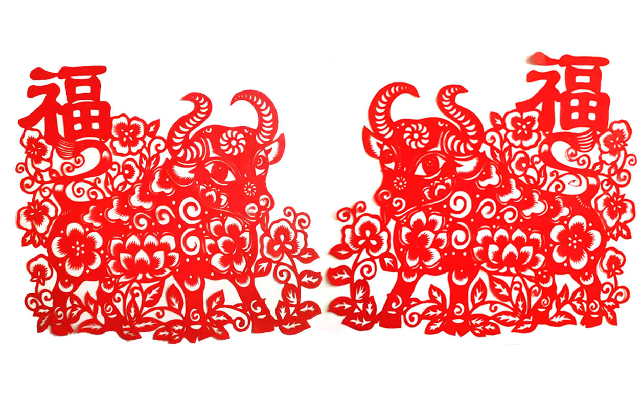 NiuFu red paper-cut window flower cut painting decorative painting door glass sticker pure handmade red rice paper Niufu large cow