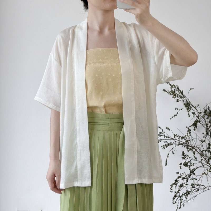 Lanting Zhi Xiu [Gardenia Fragrance] Airplane Sleeve Short Sleeve Long Sleeve Hanfu for Women, Daily Commuting, White Tencel Jacquard, Versatile