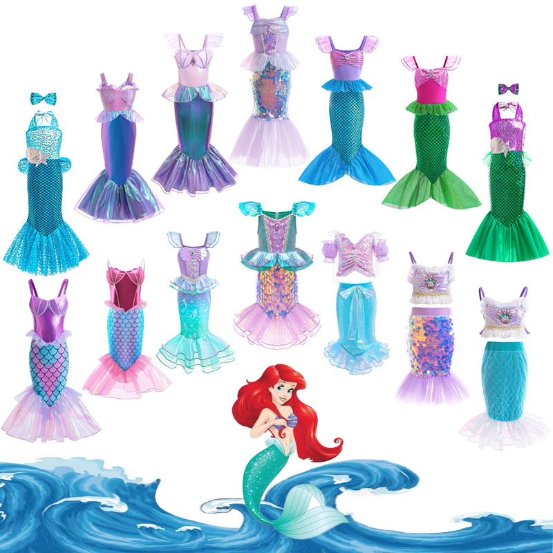 Girls' Mermaid Princess Dress with Suspenders, Stylish Fishtail One-Step Skirt, Sequin Cosplay Ariel Performance Costume