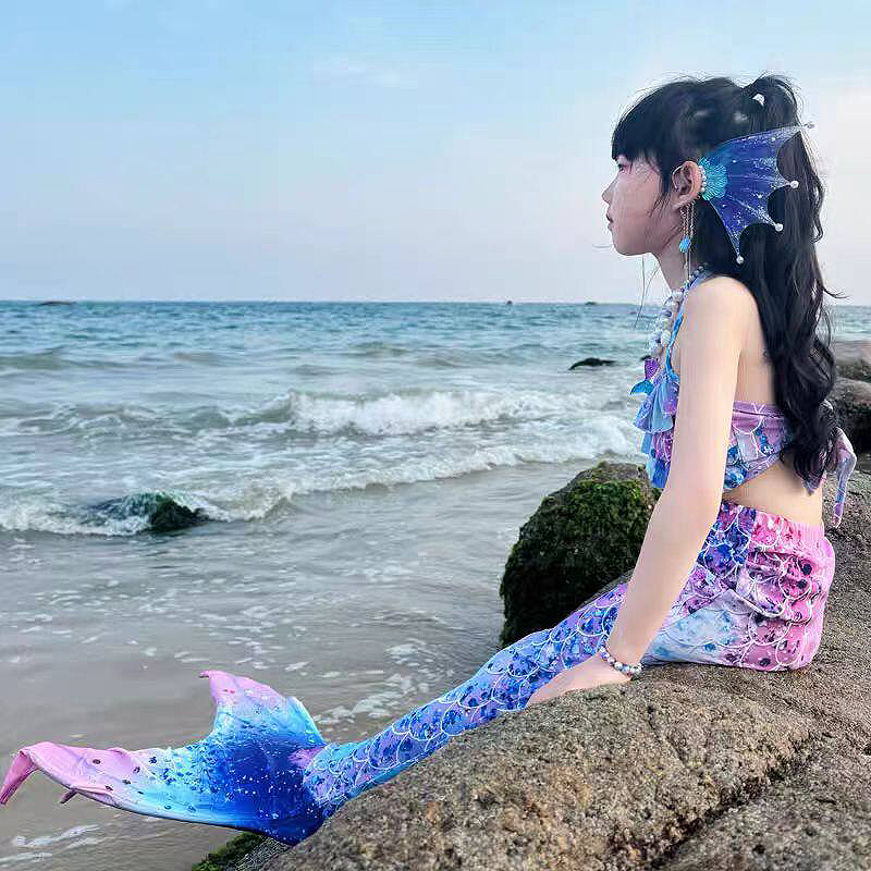 Summer Girls' Cosplay Mermaid Swimsuit Three-Piece Set with Detachable Tail, Ariel Costume 5