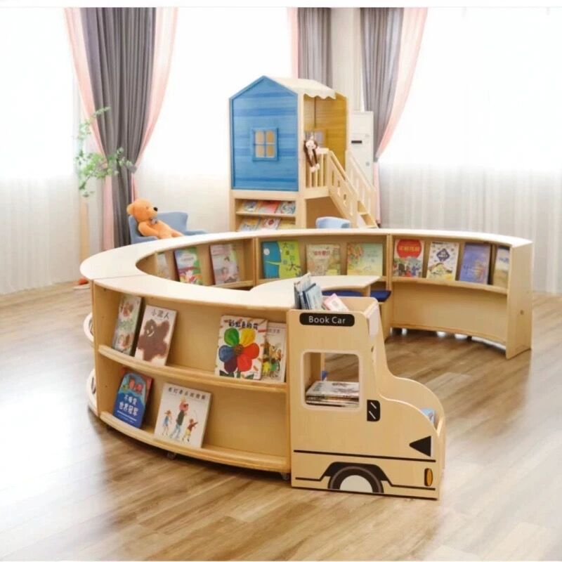 Creative Cartoon Circular Bookshelf Double-Sided Train-Shaped Children's Reading Area Corner Bookshelf Library Floor-Standing Picture Book Rack
