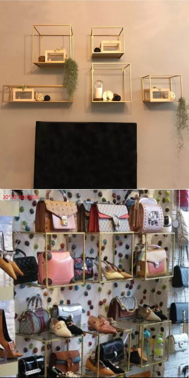 Quảng cáo sắt rèn vách ngăn vàng trên tường thương mại treo tường cửa hàng trưng bày tủ trưng bày giày túi lưu trữ kệ thư