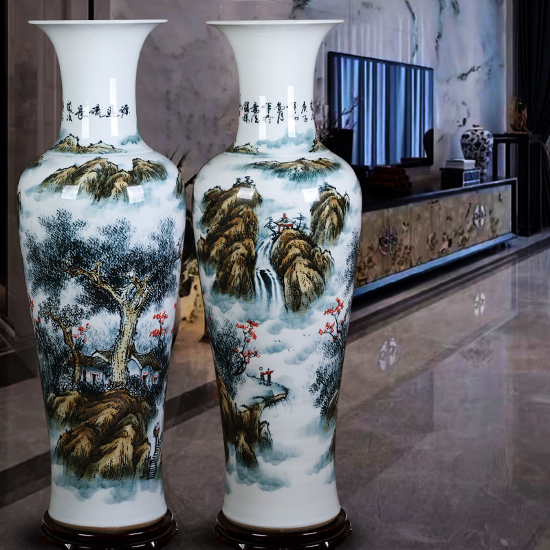 Jingdezhen Ceramic Ware Great Vase Special Price High-end Hand-painted Green Flowers Landscape New room Living room Floor Decoration Pendulum