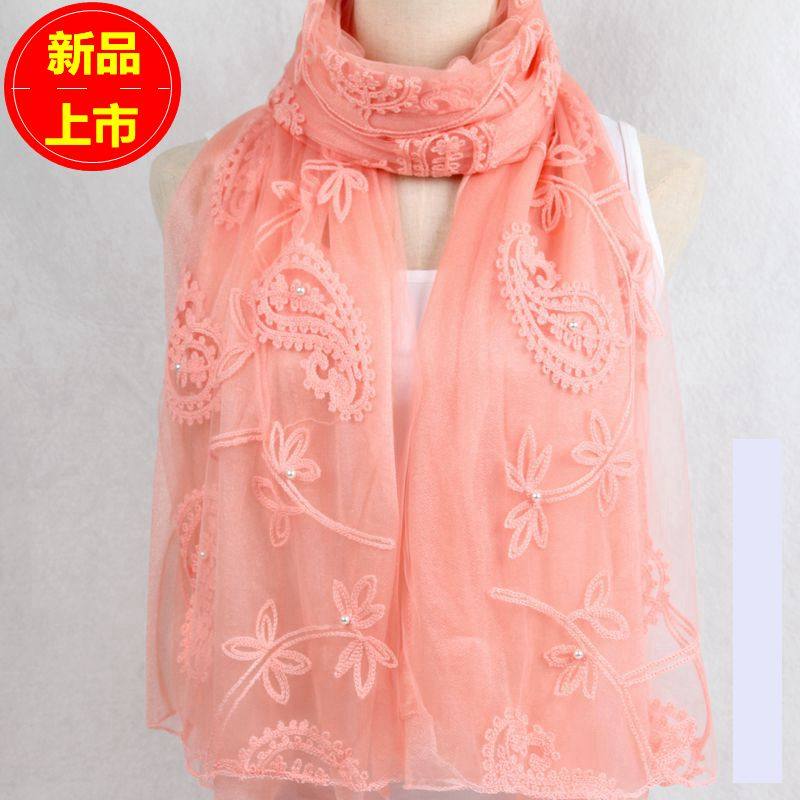 Korean version of the new double embroidered scarf female long version of the elderly mother lace scarf autumn and winter warm gauze