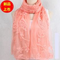  Korean version of the new double-layer embroidered scarf female long section middle-aged and elderly mother lace silk scarf autumn and winter warm gauze
