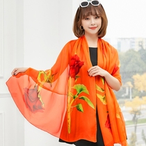  Chiffon silk scarf womens oversized long wild printed gauze scarf middle-aged and elderly scarf thin shawl sunscreen beach towel