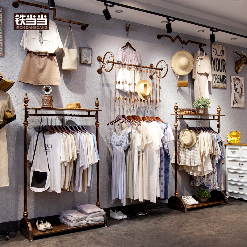 Clothing Store Clothes Hangers Show Shelves Retro Women's Clothing Store Shelves Display Rack Clothes Rack Floor Type Hanghanger Special Sale