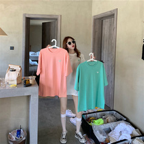  Pink short-sleeved t-shirt womens loose Korean fan sunscreen ice sleeves summer mid-length round neck pure cotton fresh embroidered T-shirt