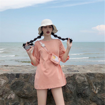  Short-sleeved t-shirt womens loose western style Korean version 2021 new fresh mid-length round neck simple cotton all-match t-shirt