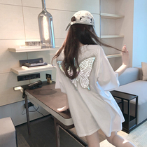 Design sense niche heavy industry hot diamond butterfly short-sleeved t-shirt womens loose Western style mid-length round neck cotton large version top