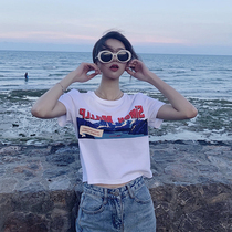  Pure cotton short t-shirt womens summer tide brand thin umbilical design sense short-sleeved machine short printed T-shirt