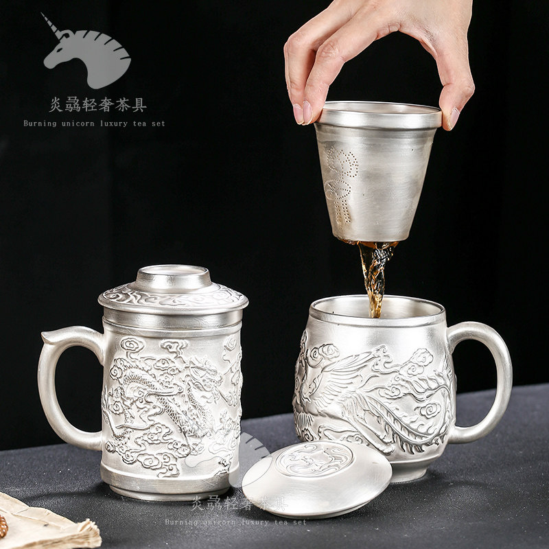 999 Sterling Silver Water Cup Personal Office High Grade Ceramic Gilded Silver Tea Cup Gift Box Tea Separation with Lid Belt Filtration