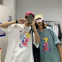 Pure cotton bear Korean version ins student best friend net red T-shirt super fire medium long short-sleeved round neck printed couple outfit