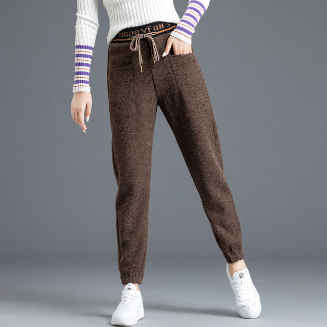 Clearance casual pants woolen brown knitted pants ແມ່ຍິງດູໃບໄມ້ລົ່ນແລະລະດູຫນາວກິລາຫນາ velvet ກາງເກງແມ່ຍິງ harem pants woolen pants