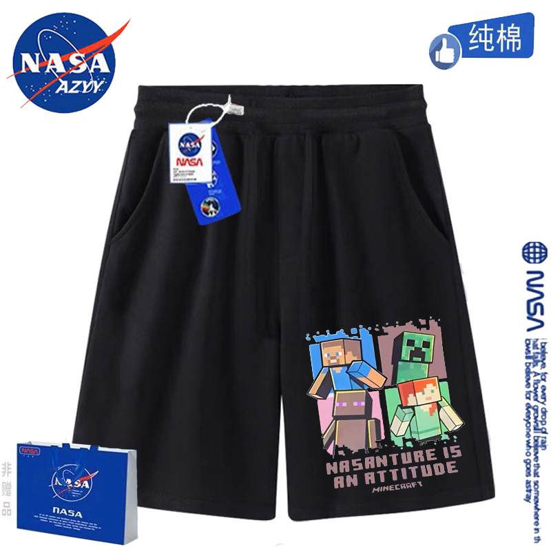 NASA共同ブランドのMinecraft男の子用純綿ショートパンツ、夏用薄手通気性スポーツMサイズとLサイズの子供用パンツ