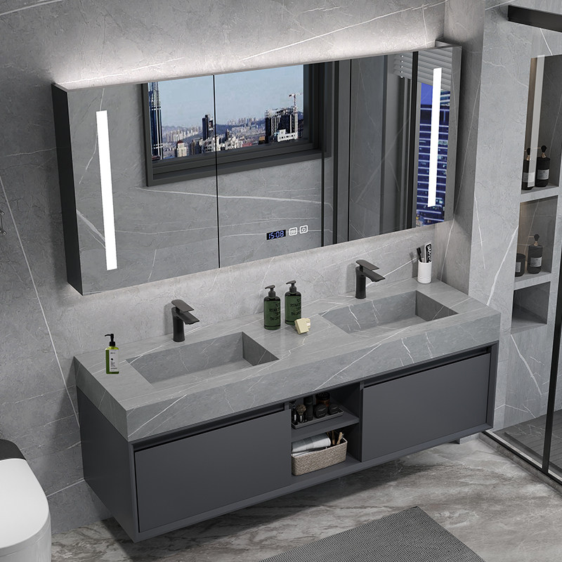 Wash basin washbasin cabinet combination rock plate integrated double groove washbasin bathroom cabinet modern simple light luxury dressing room wash table